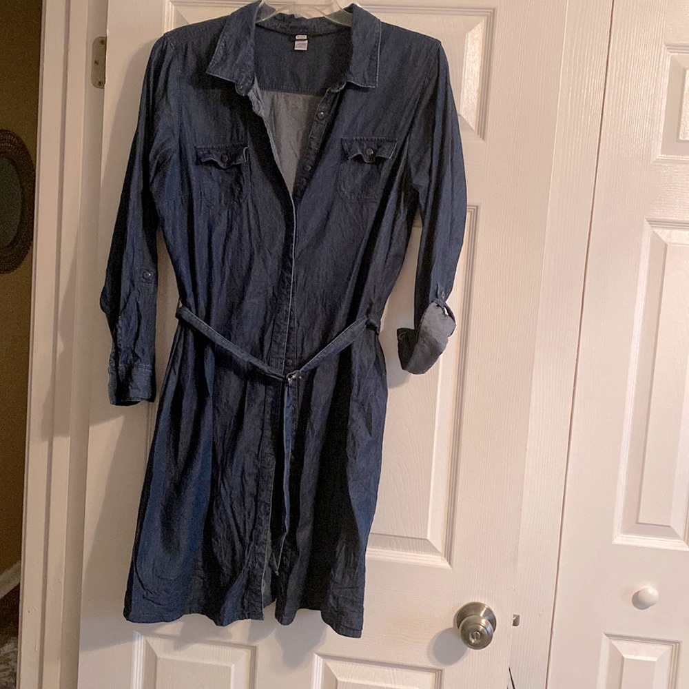 Dark denim dress with belt.